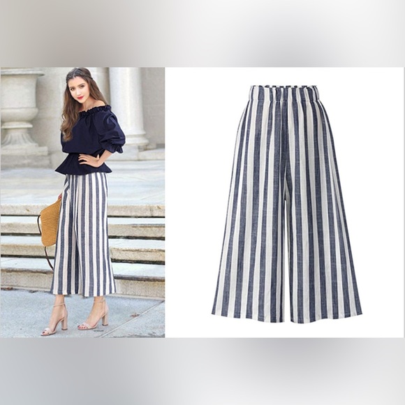CHARTOU Striped High-Waist Wide-Leg Cotton Palazzo Capri Culotte Pants - Picture 1 of 7